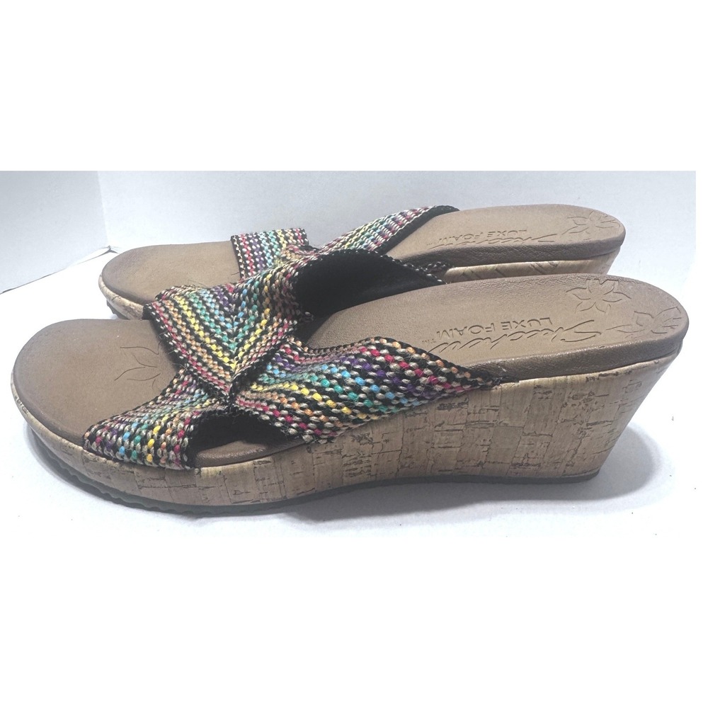 Skechers Luxe Foam Multi Color Woven Wedge Sandals Rainbow Boho Womens 9